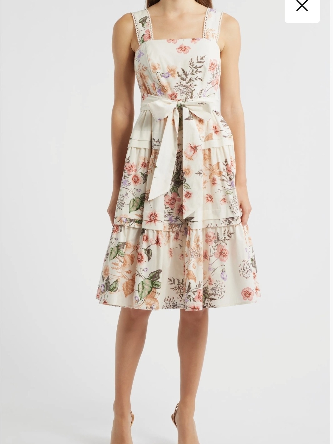 Anne Klein Cream Floral Tiered Midi Dress Self Tie Sleeveless Cotton Size 16(Xl)